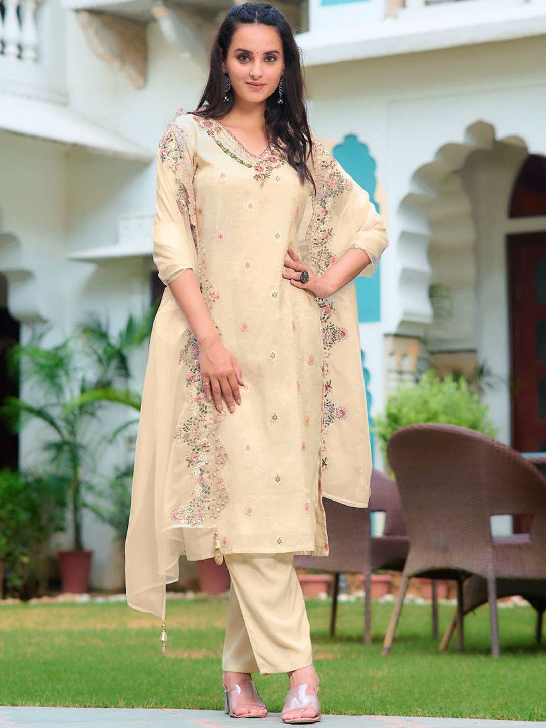 

KALINI Floral Embroidered Beads and Stones Pure Silk Kurta with Trouser & Dupatta, Cream