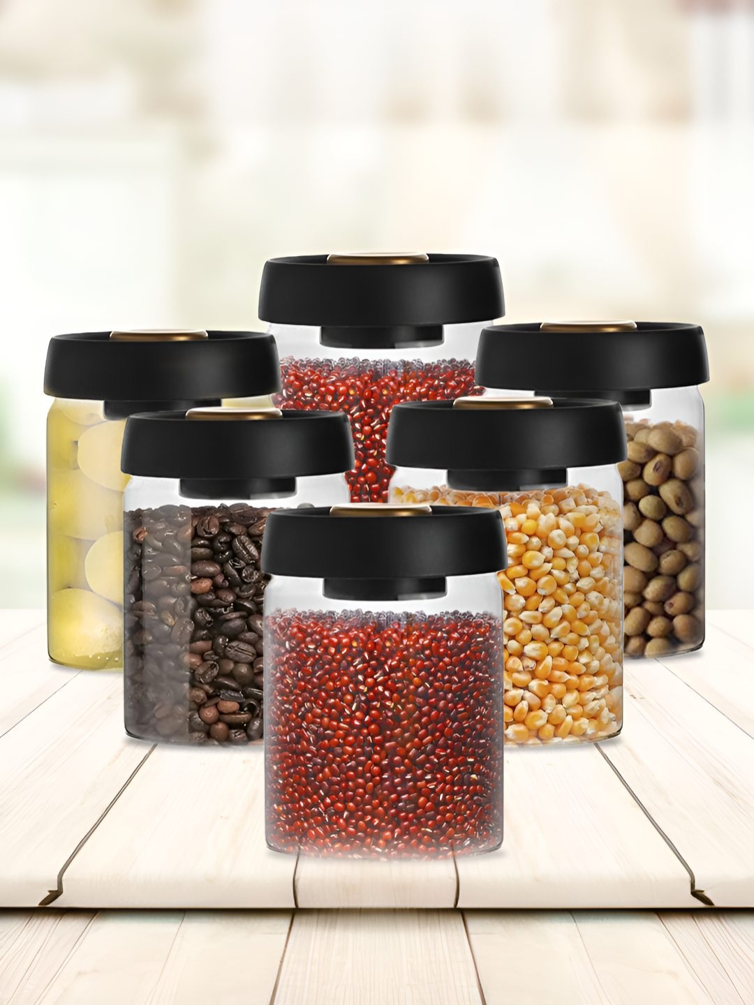 

The Better Home Transparent & Black 6 Pcs Borosilicate Glass Jars With Vacuum Lids 900ml