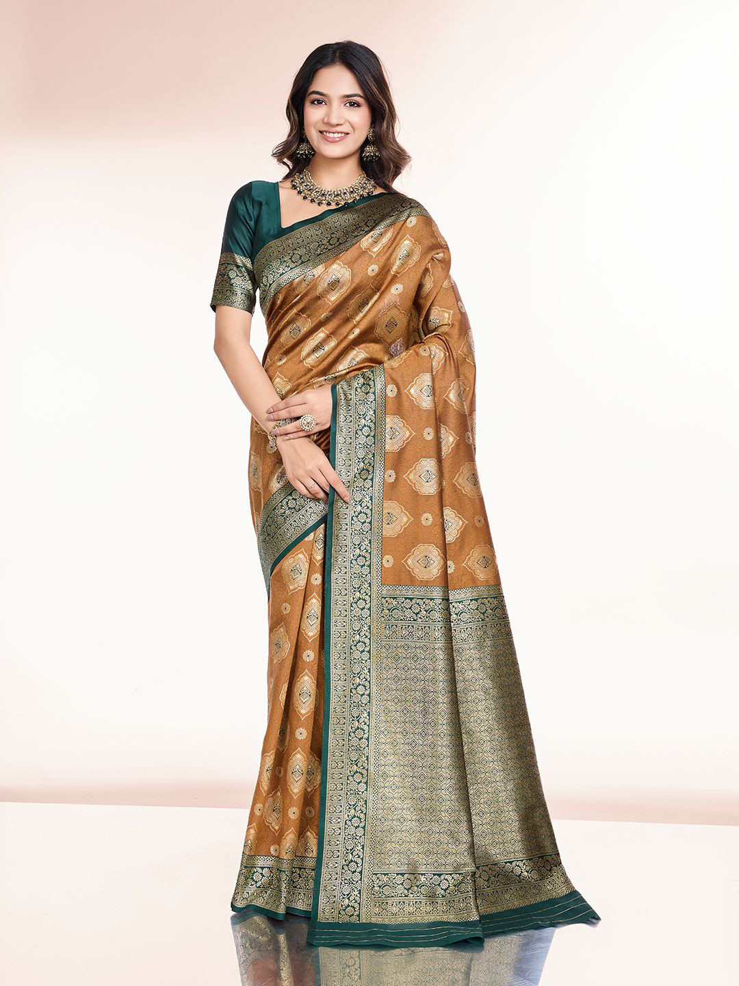 

RICH & ROMAN Woven Design Zari Pure Silk Banarasi Saree, Mustard