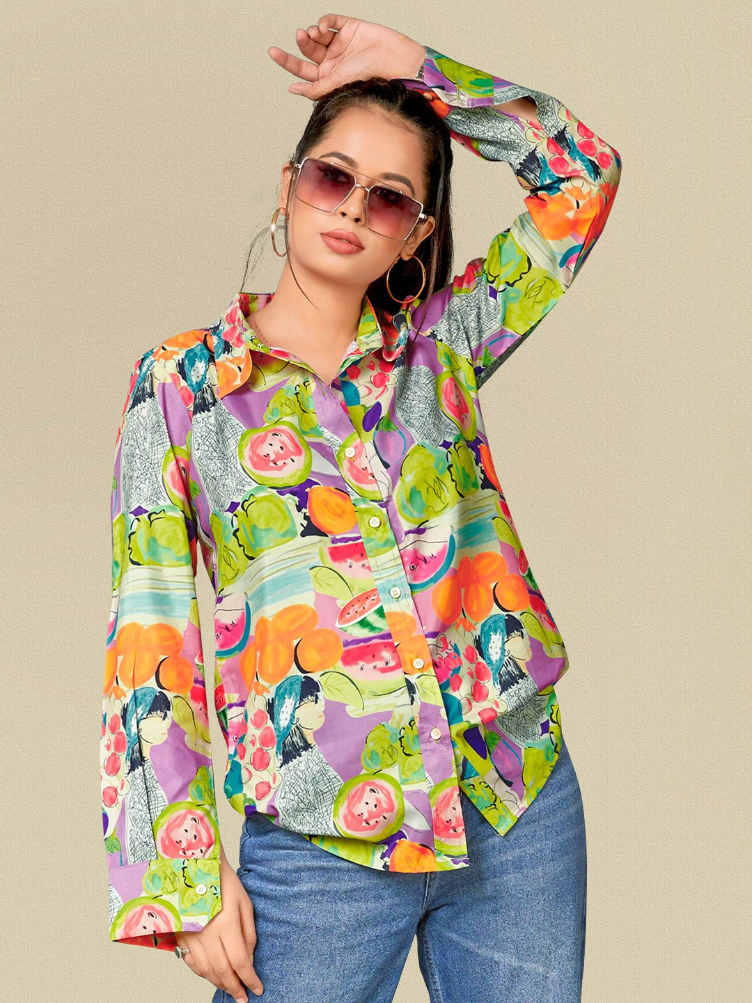 

COLORCART Women Classic Spread Collar Abstract Printed Oversized Casual Shirt, Pink