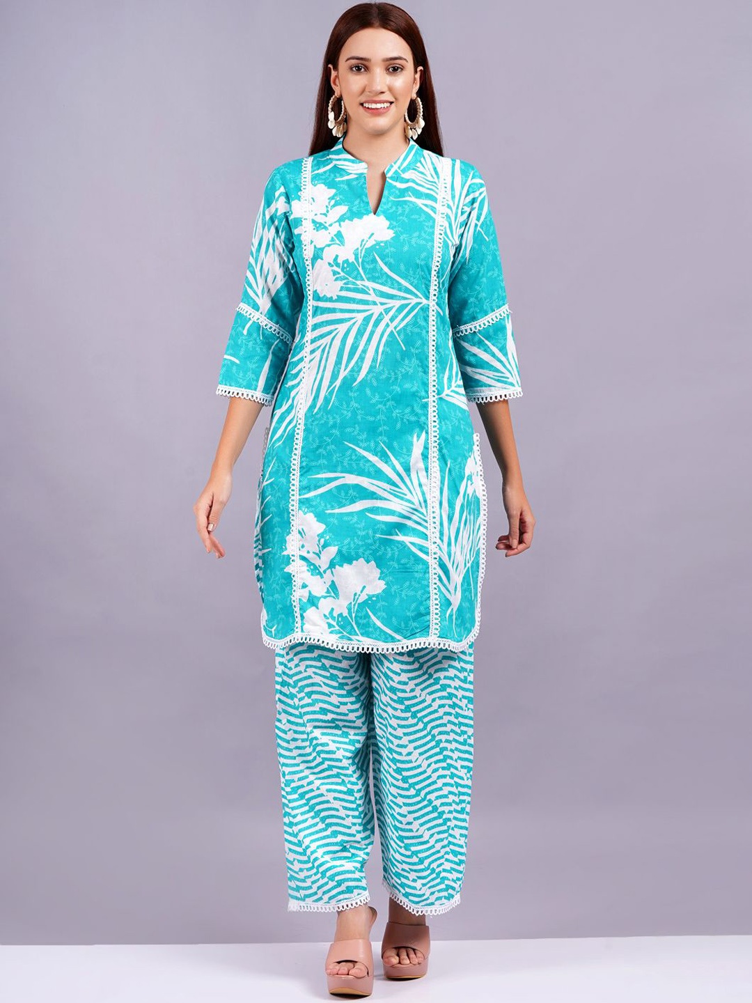 

HIGHLIGHT FASHION EXPORT Printed Pure Cotton Tunic & Trouser Co-Ords, Blue