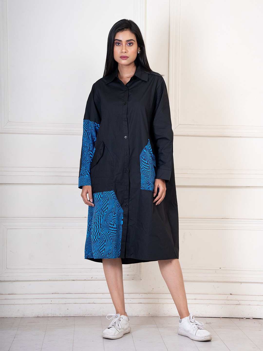 

Unityshop Women Black Cotton Long Sleeves Shirt Collar Print Shirt Dress