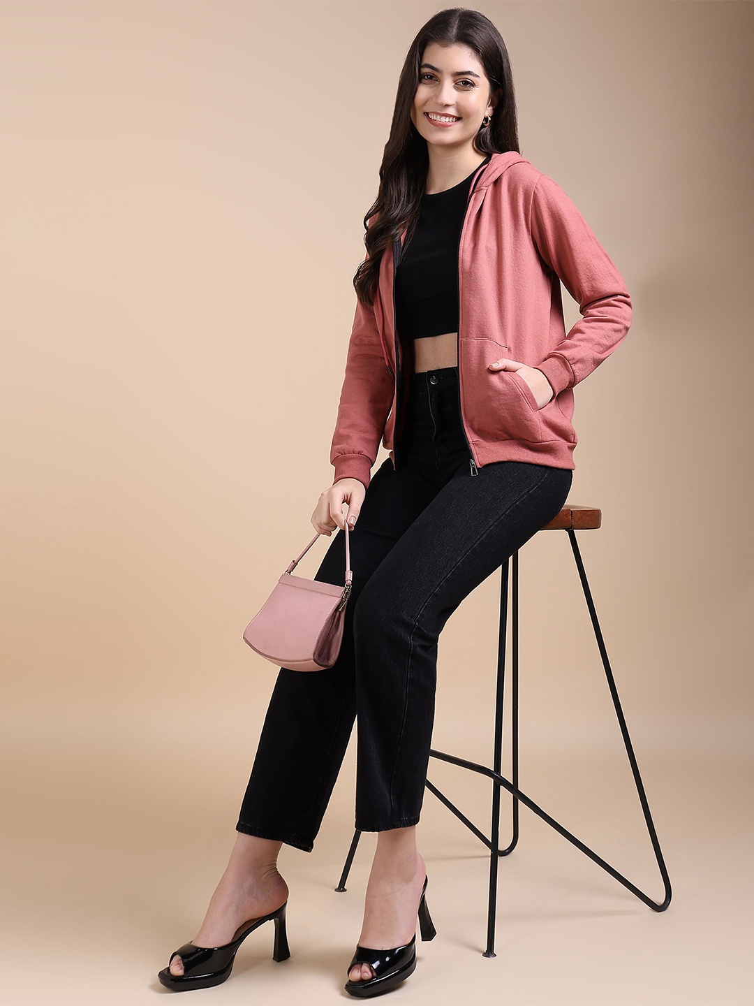 

Adyavastram Women Pink Front-Open Long Sleeves Hooded Sweatshirt