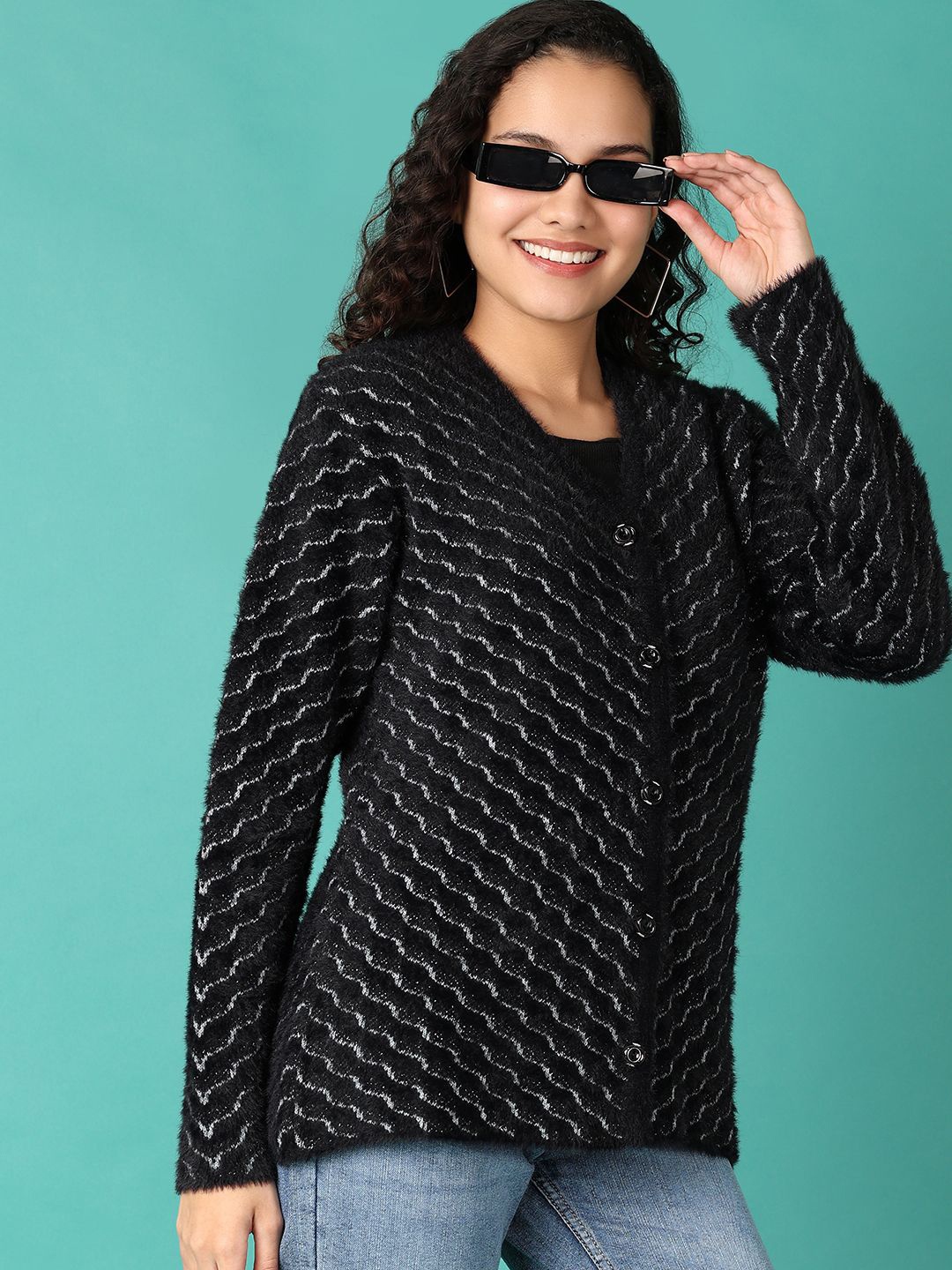 

V-Mart Women Ethnic Self Design Striped Cardigan, Black