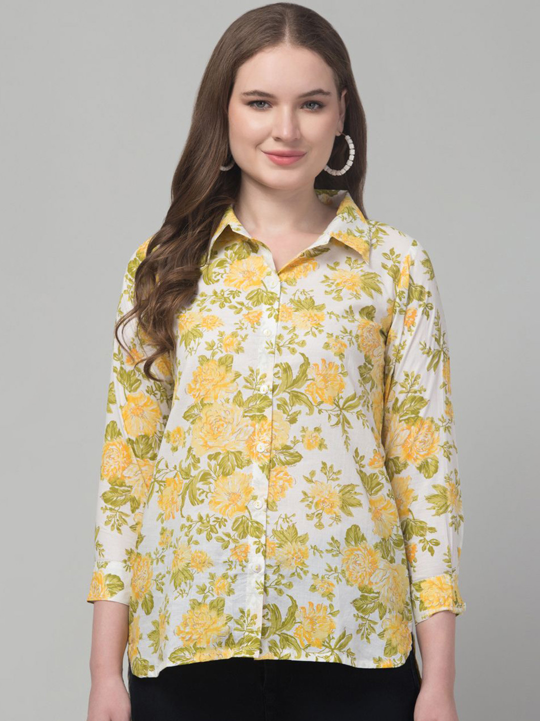 

Trend Level Women Classic Spread Collar Floral Printed Casual Shirt, Off white