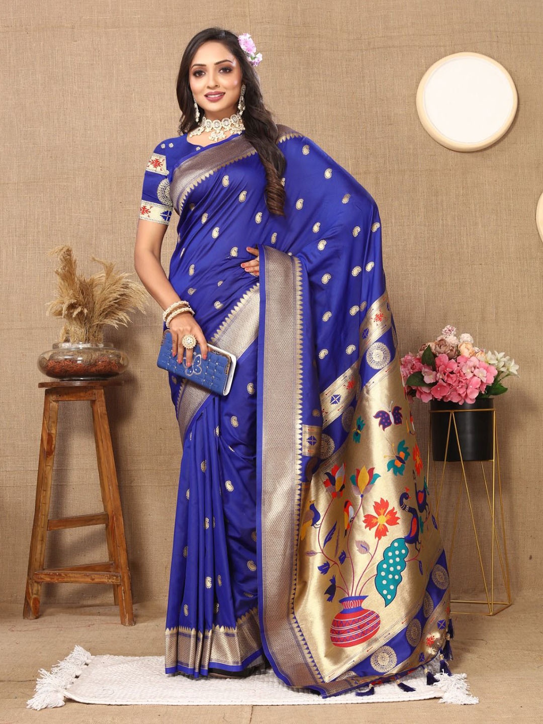 

KALINDI Woven Design Zari Paithani Saree, Blue