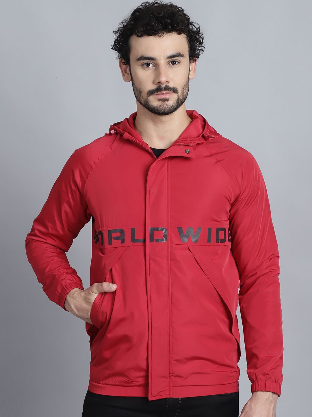 

HOUSE OF VEDAS Men Hooded Printed Casual Open Front Jacket, Red