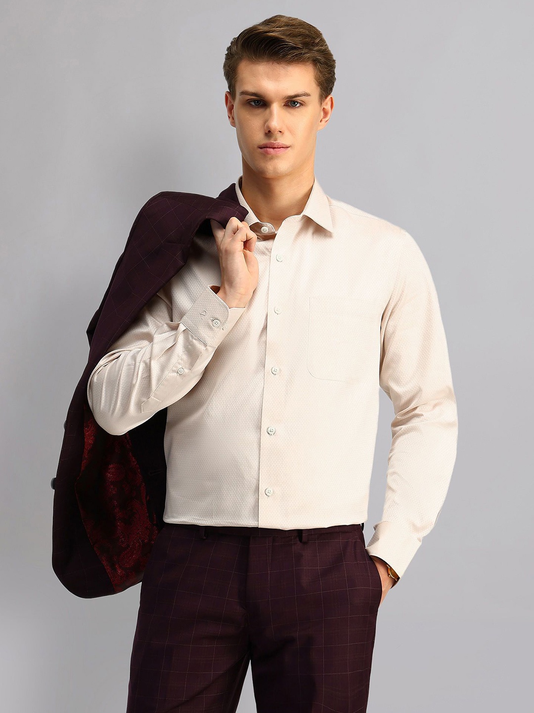 

AD By Arvind Men Spread Collar Textured Cotton Formal Shirt, Beige