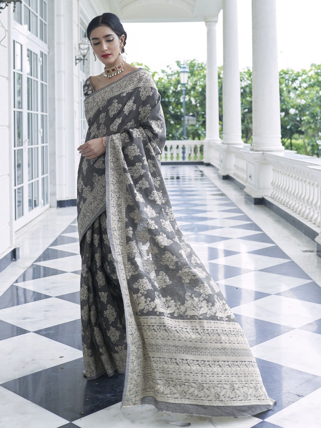 

MAHALASA Ethnic Motifs Pure Cotton Designer Chanderi Saree, Grey