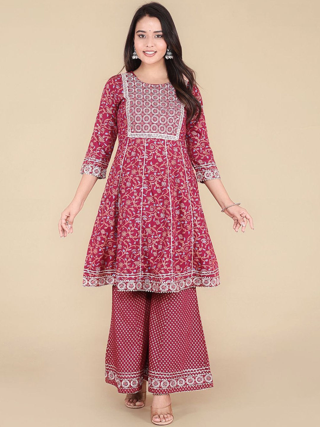 

HERE&NOW Maroon Floral Printed Gotta Patti A-Line Kurta With Sharara
