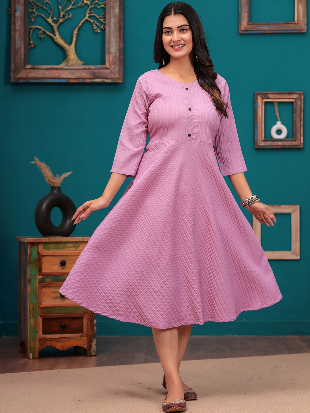 

DIZON Women Cotton Striped A-Line Ethnic Dress, Pink