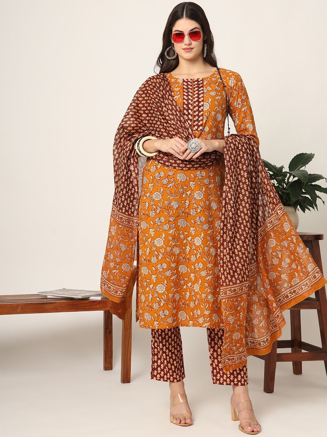 

Yufta Floral Printed Round Neck Regular Pure Cotton Kurta With Trouser With Dupatta, Mustard