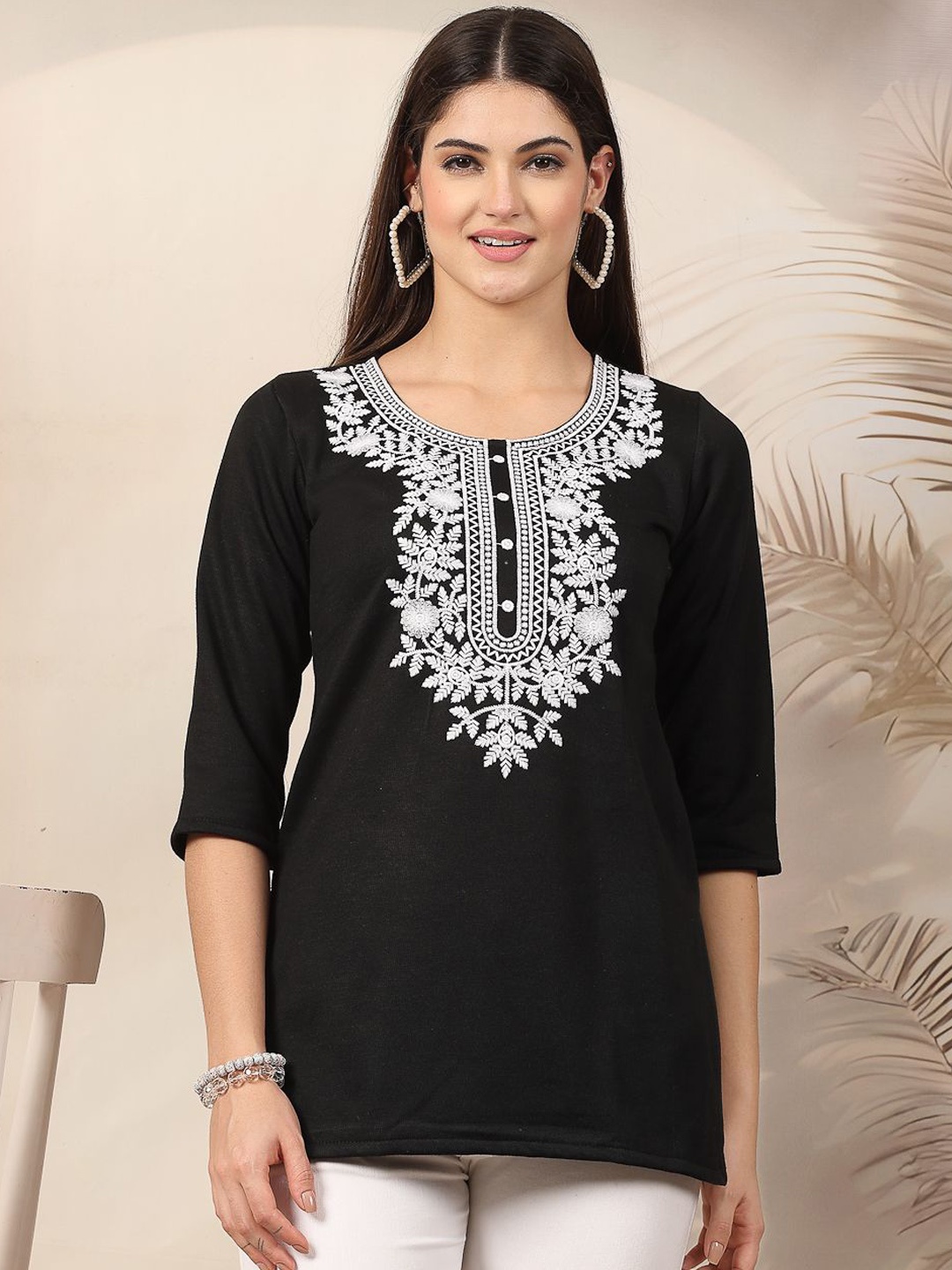 

Clora Creation Floral Embroidered Woollen Straight Kurti, Black