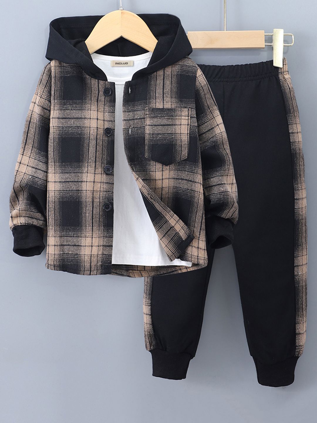 

INCLUD Boys Checked Hooded Coat With Trousers, Black
