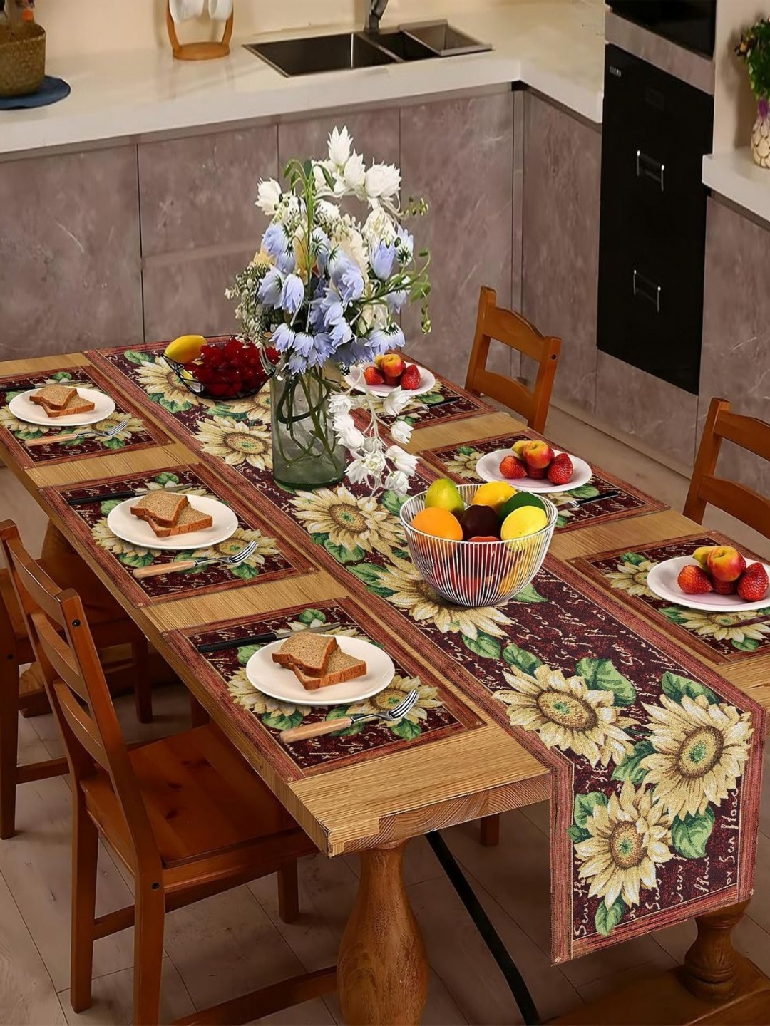 

PRAKARTIK Set of 7 Red Rectangle Shaped Floral Printed Dining Table Mats With Runner, Orange