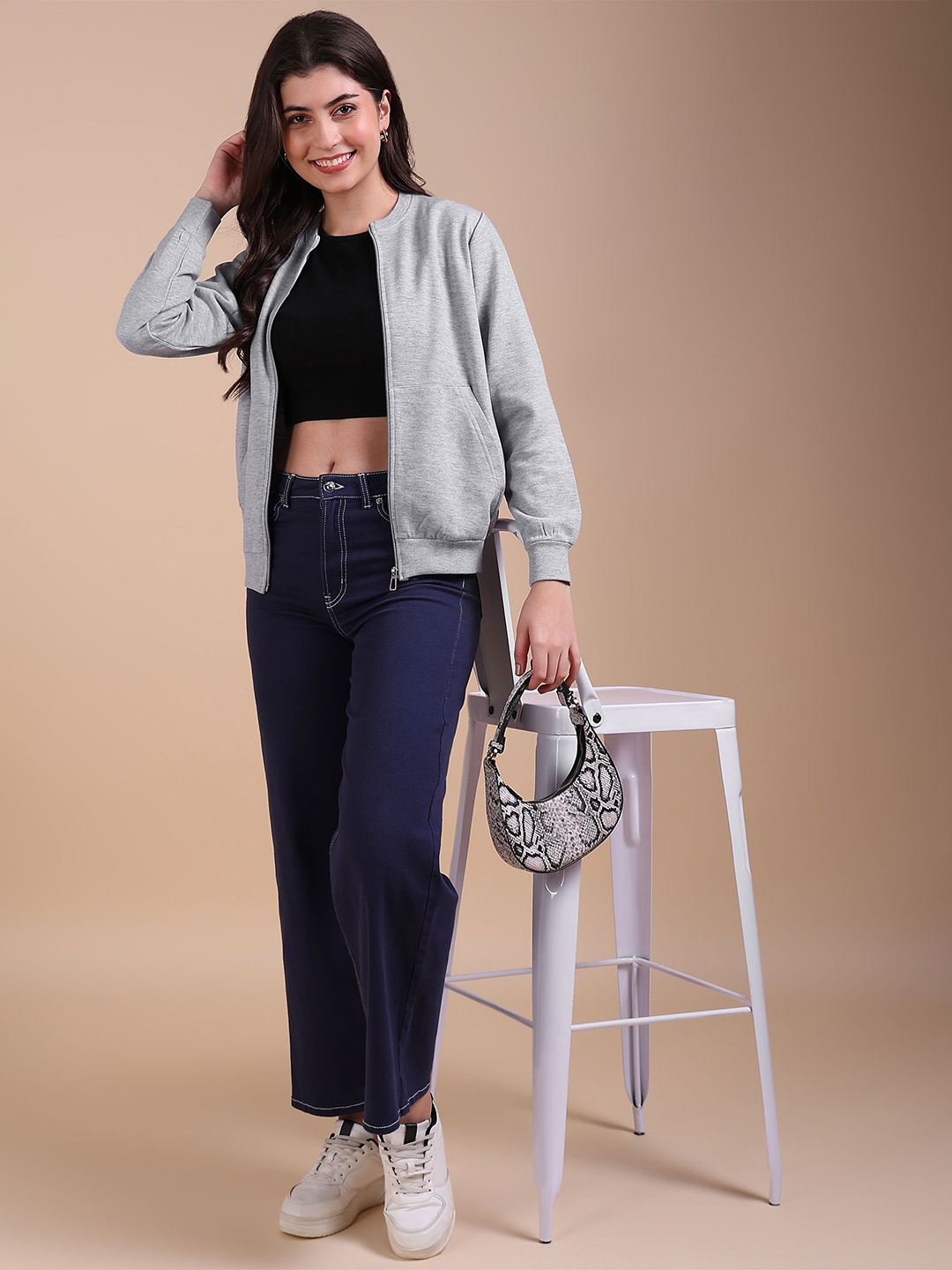 

Adyavastram Women Solid Round Neck Long Sleeves Front-Open Sweatshirt, Grey