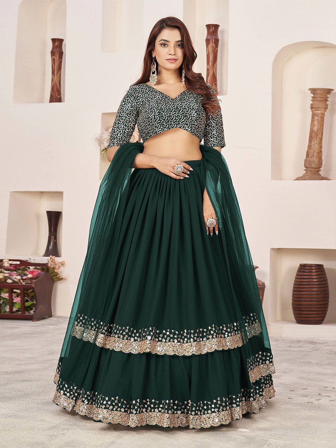 

ODETTE Embroidered Sequinned Semi-Stitched Lehenga & Unstitched Blouse With Dupatta, Green
