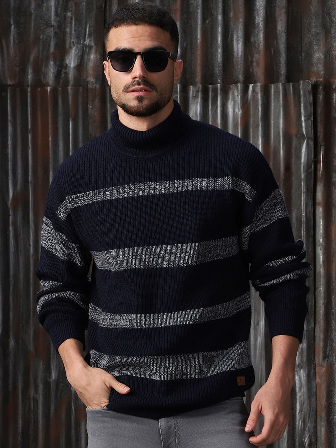 

High Star Men Striped High neck stractured Relaxed fit Pullover, Navy blue