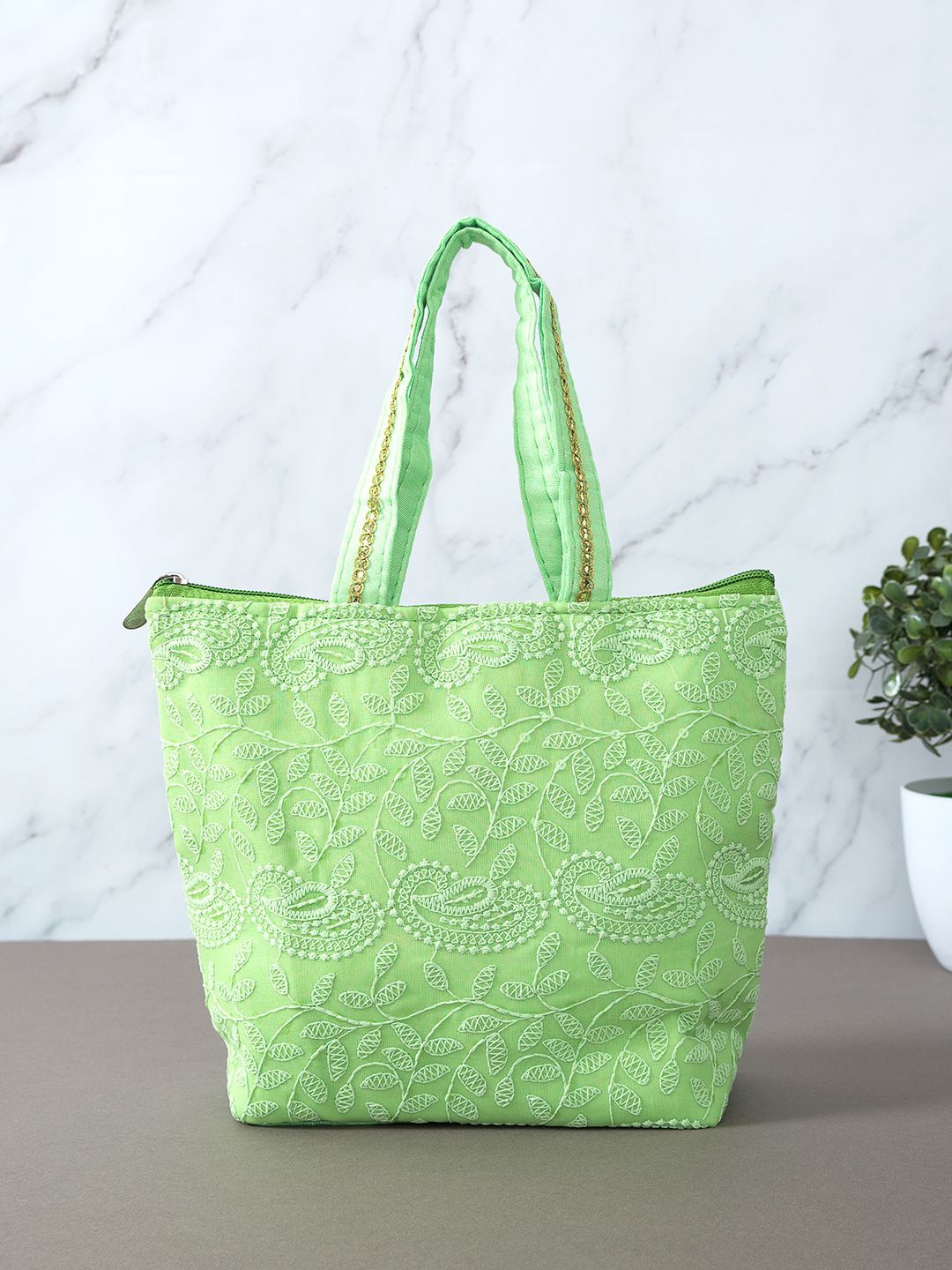 

Golden Peacock Women Floral Printed Structured Handheld Bag, Lime green