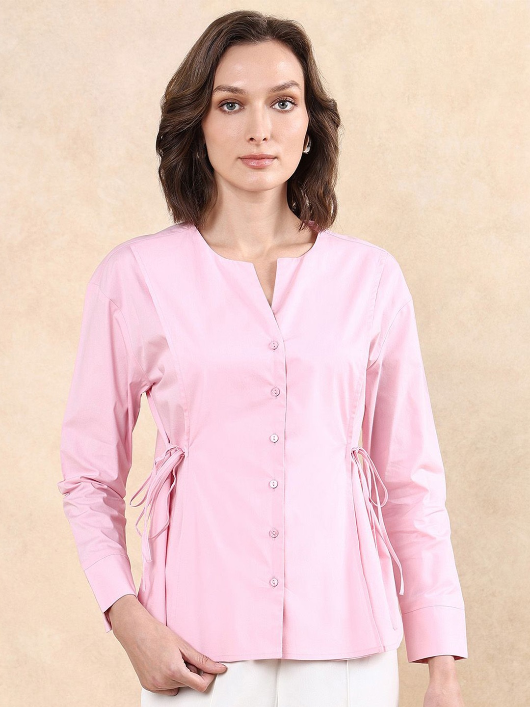 

RAREISM Women Self Design Cotton Mandarin Collar Shirt Style Top, Pink