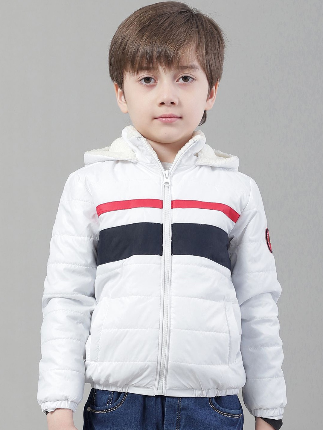 

HOUSE OF VEDAS Boys Hooded Striped Casual Padded Jacket, White