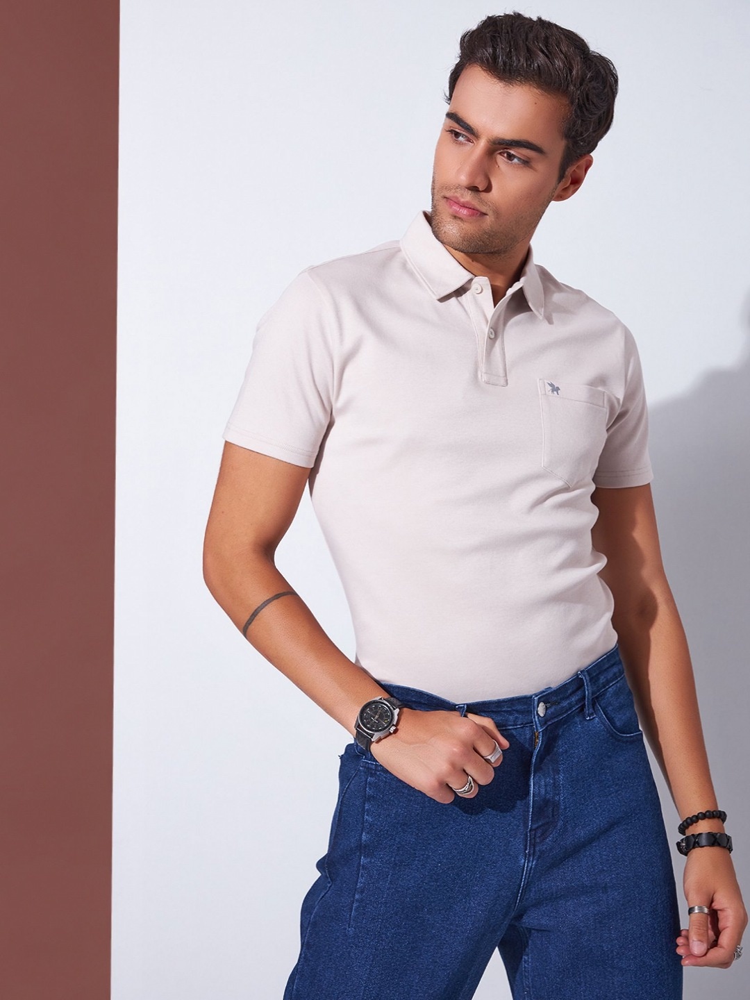 

Markle Moro Men Solid Polo Collar Cotton Slim Fit T-shirt, Beige