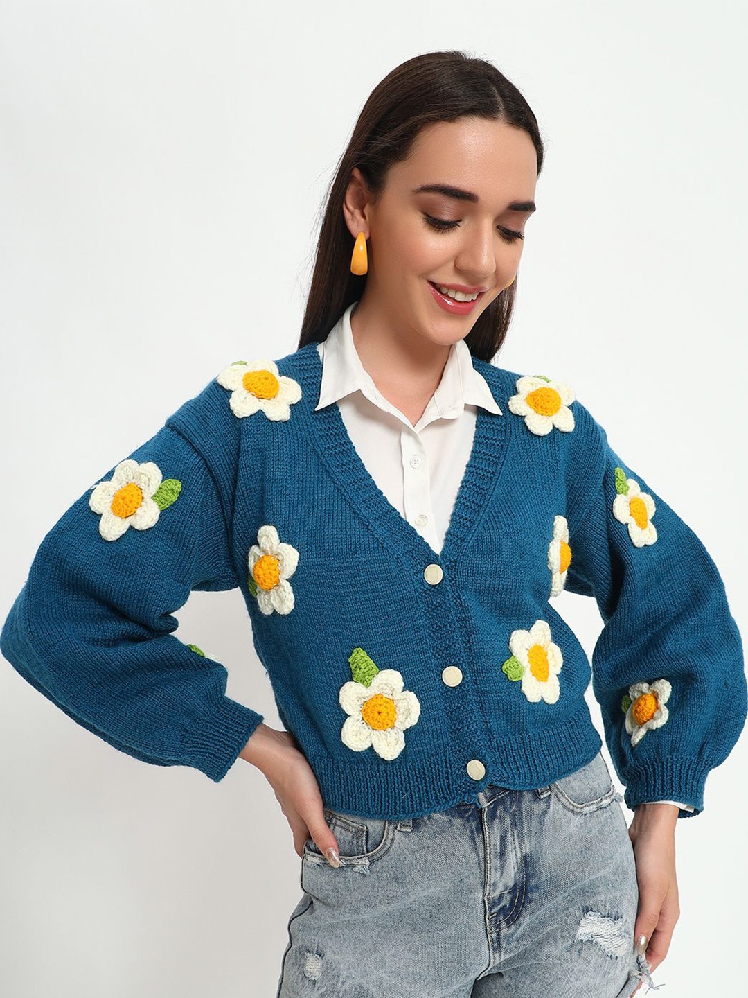 

Sugercandy Women Embroidered Woollen Crop Front-Open Sweaters, Teal