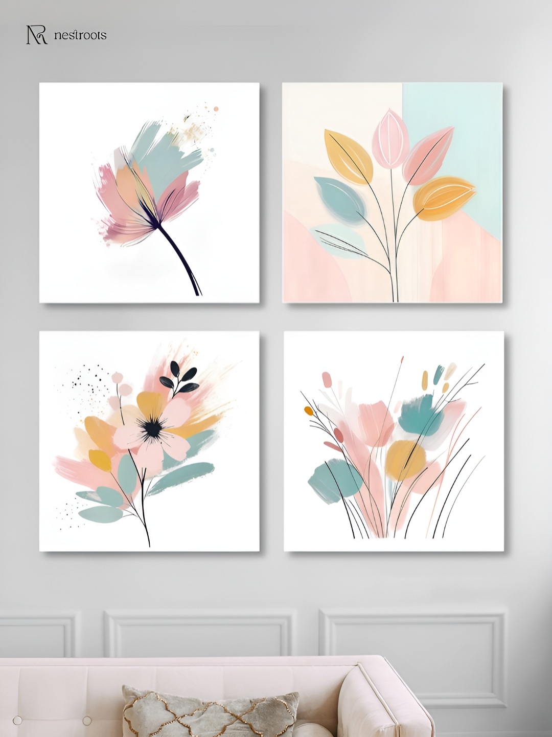 

nestroots Peach-Coloured 4 Pieces Bouquet of Colorful Flowers Canvas Painting Wall Arts