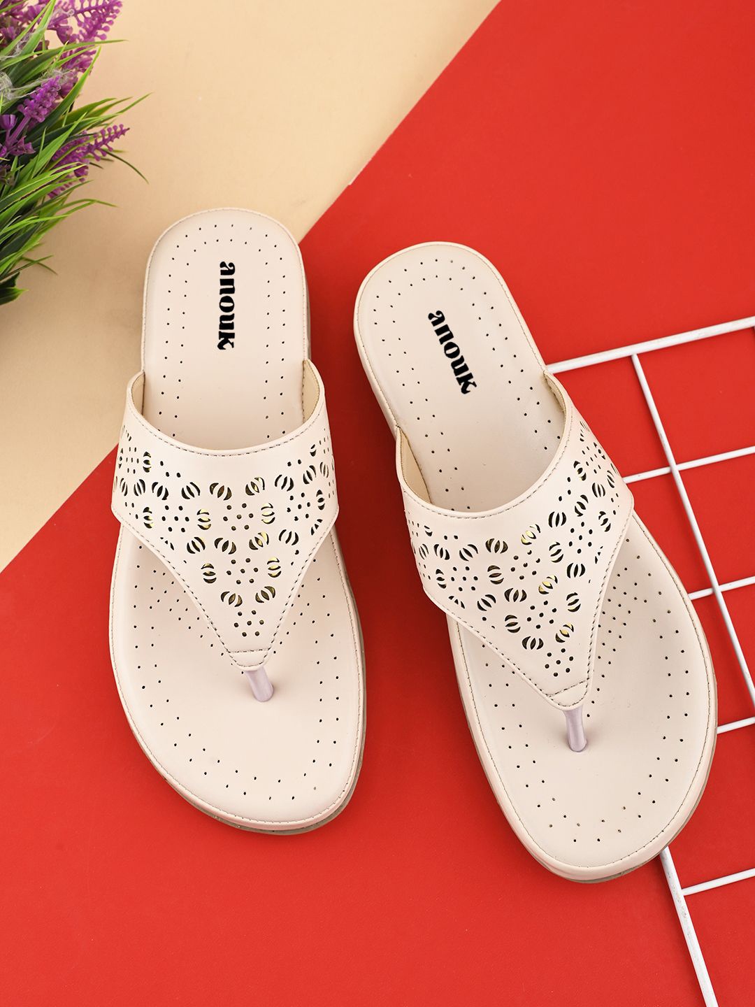 

Anouk Women Synthetic T-Strap Flats with Laser Cuts, Cream