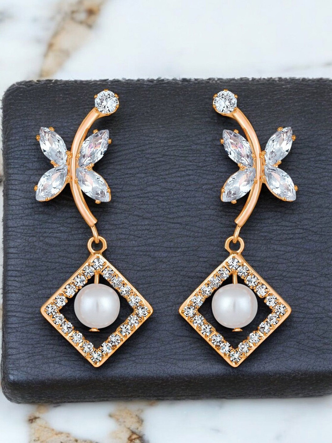 

Stefan Rose Gold-Plated Butterfly Shaped American Diamond & Pearls Drop Earrings