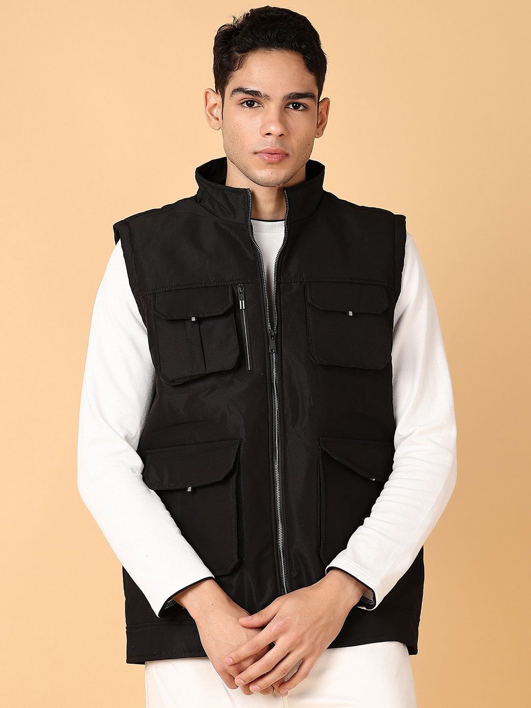 

V-Mart Men Mock Collar Solid Cotton Casual Bomber Jacket, Black