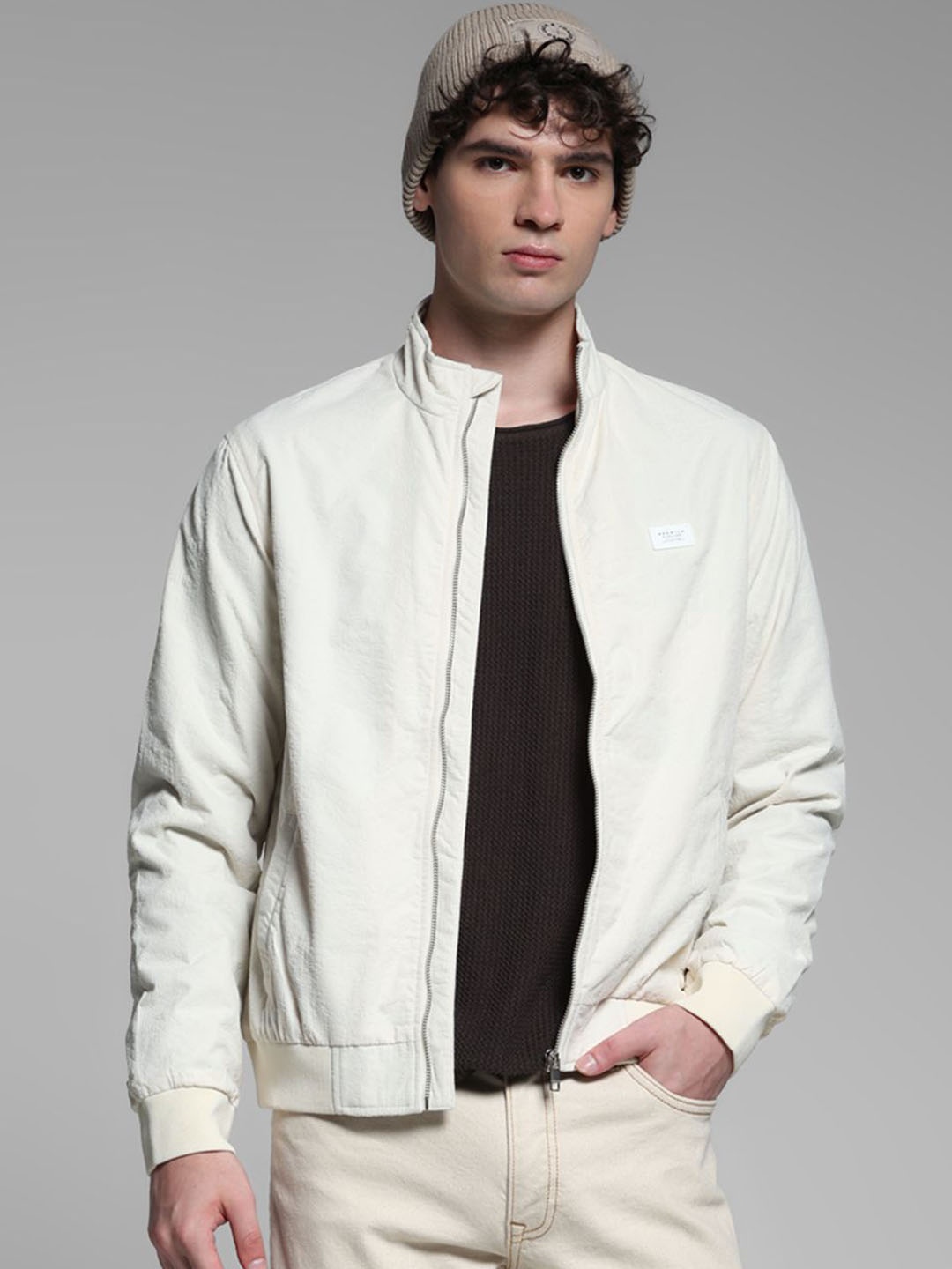 

Jack & Jones Men Mock Collar Solid Casual Bomber Jacket, White