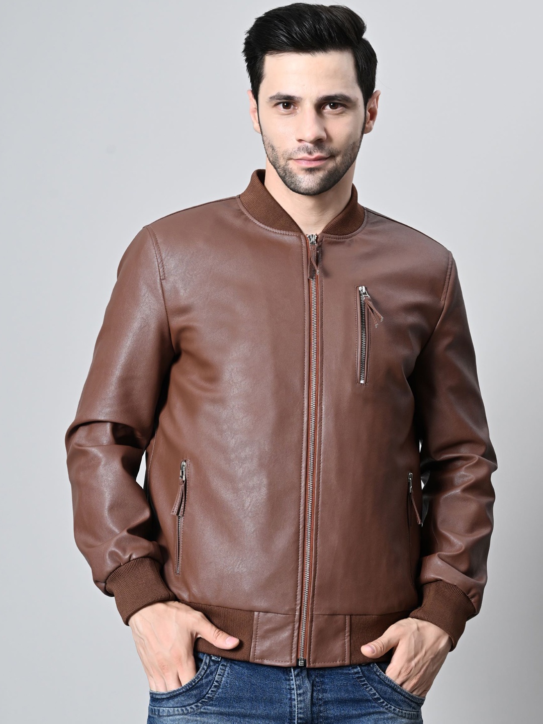 

TBOJ Men Stand Collar Solid Casual Biker Jacket, Brown
