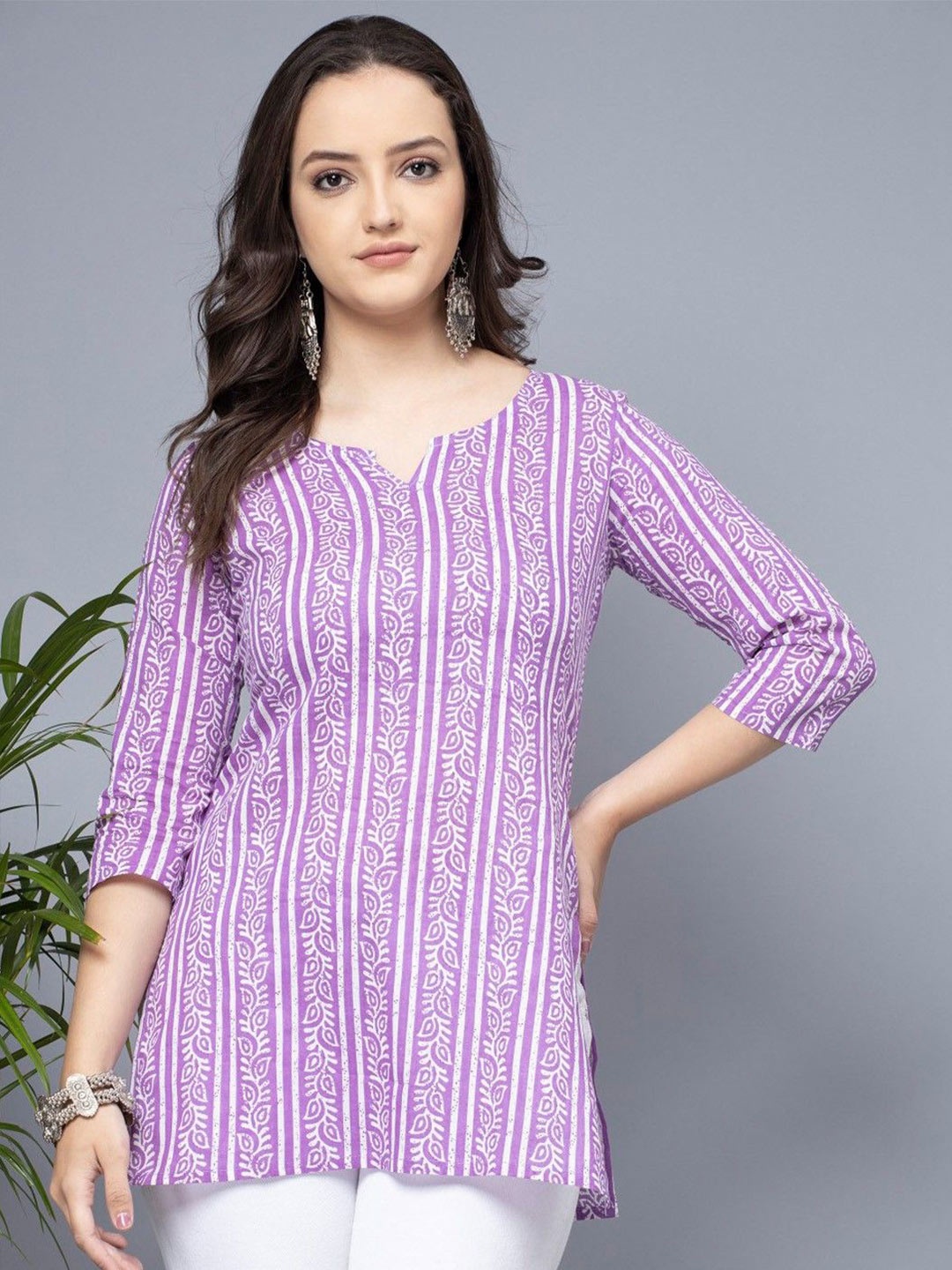 

SHIONS Women Floral Printed Striped Cotton Top, Purple