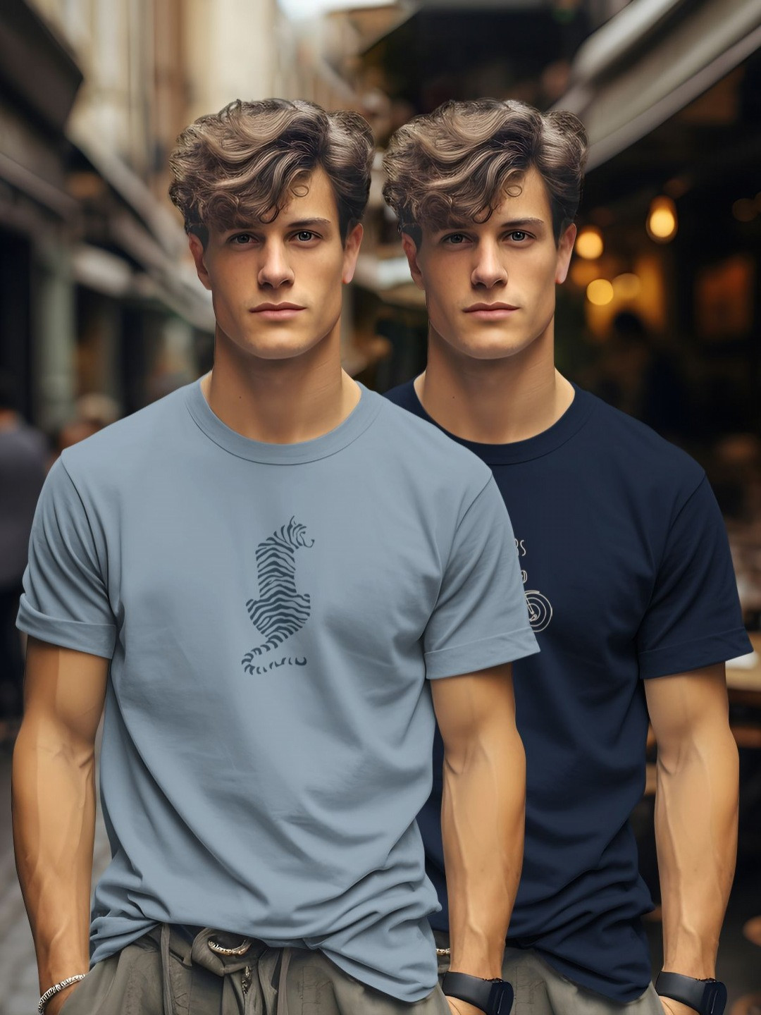 

BULLMER Men Pack Of 2 Graphic Printed Round Neck Cotton T-shirts, Grey