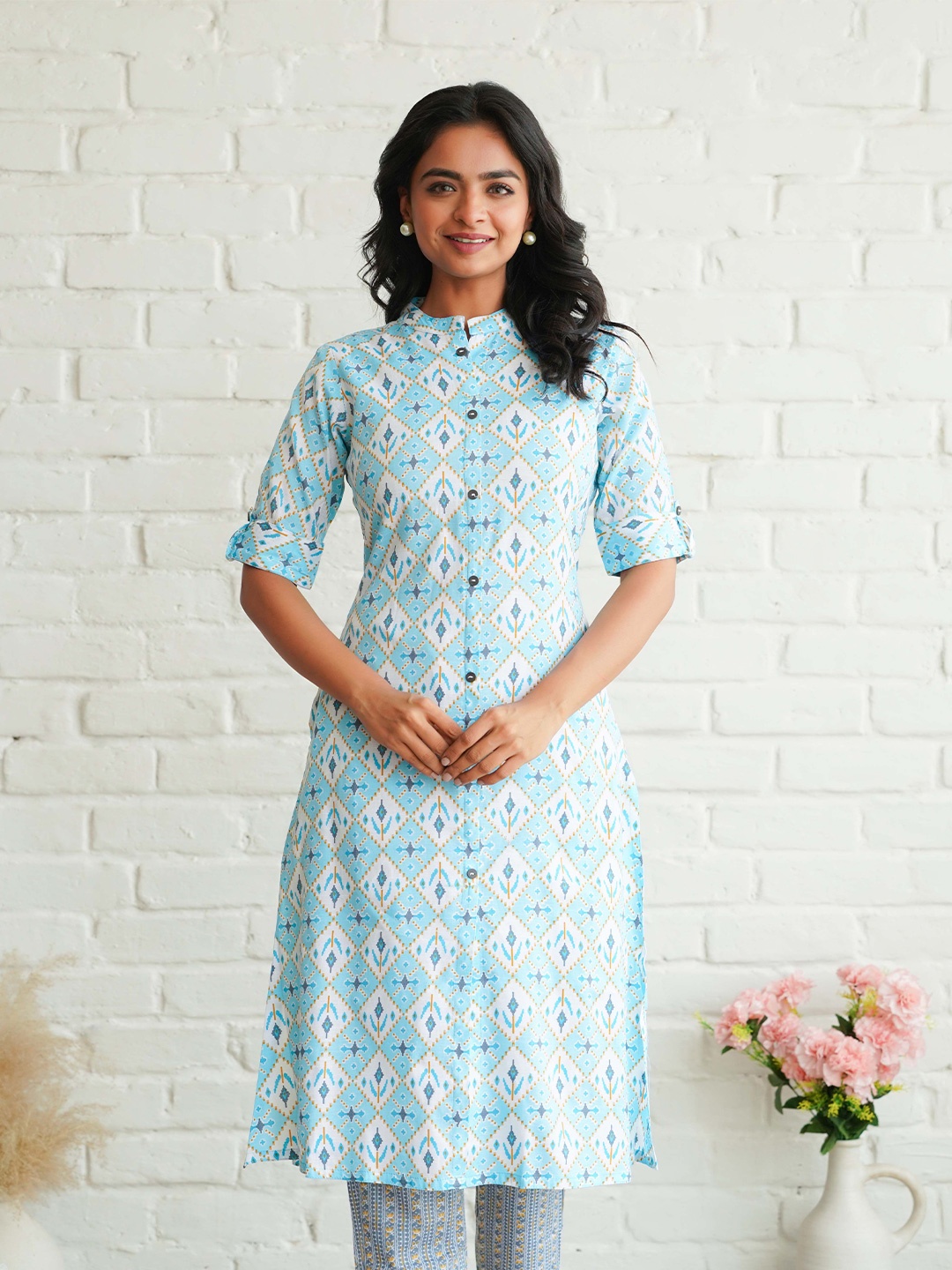 

DIZON Geometric Printed Mandarin Collar Kurta, Blue