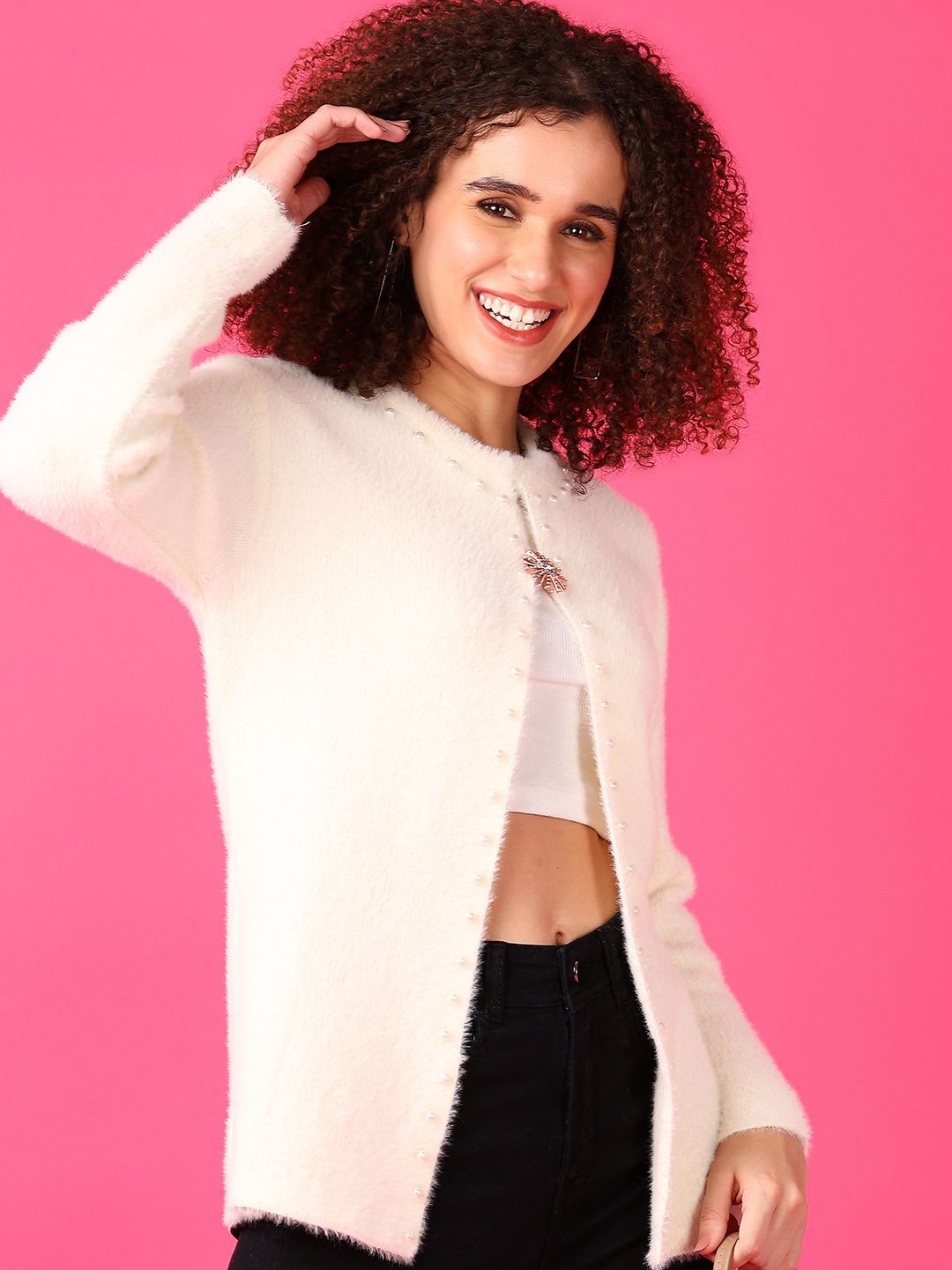 

V-Mart Women Self Design Round Neck Cardigan Sweater, White