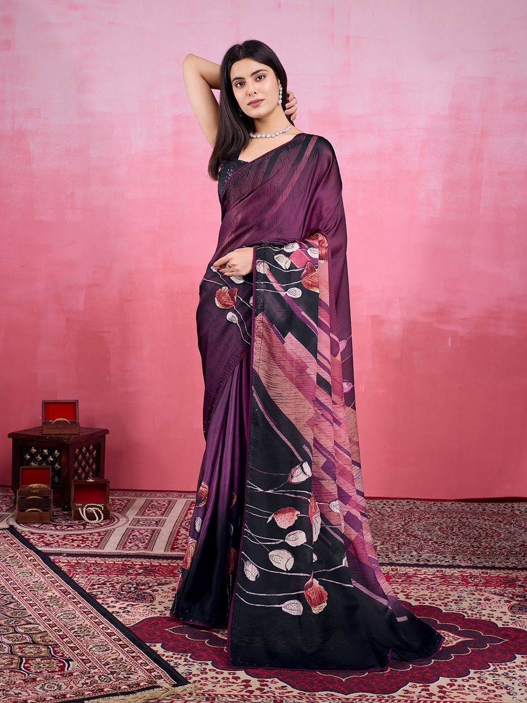 

Mitera Floral Printed Beads and Stones Satin Saree, Purple