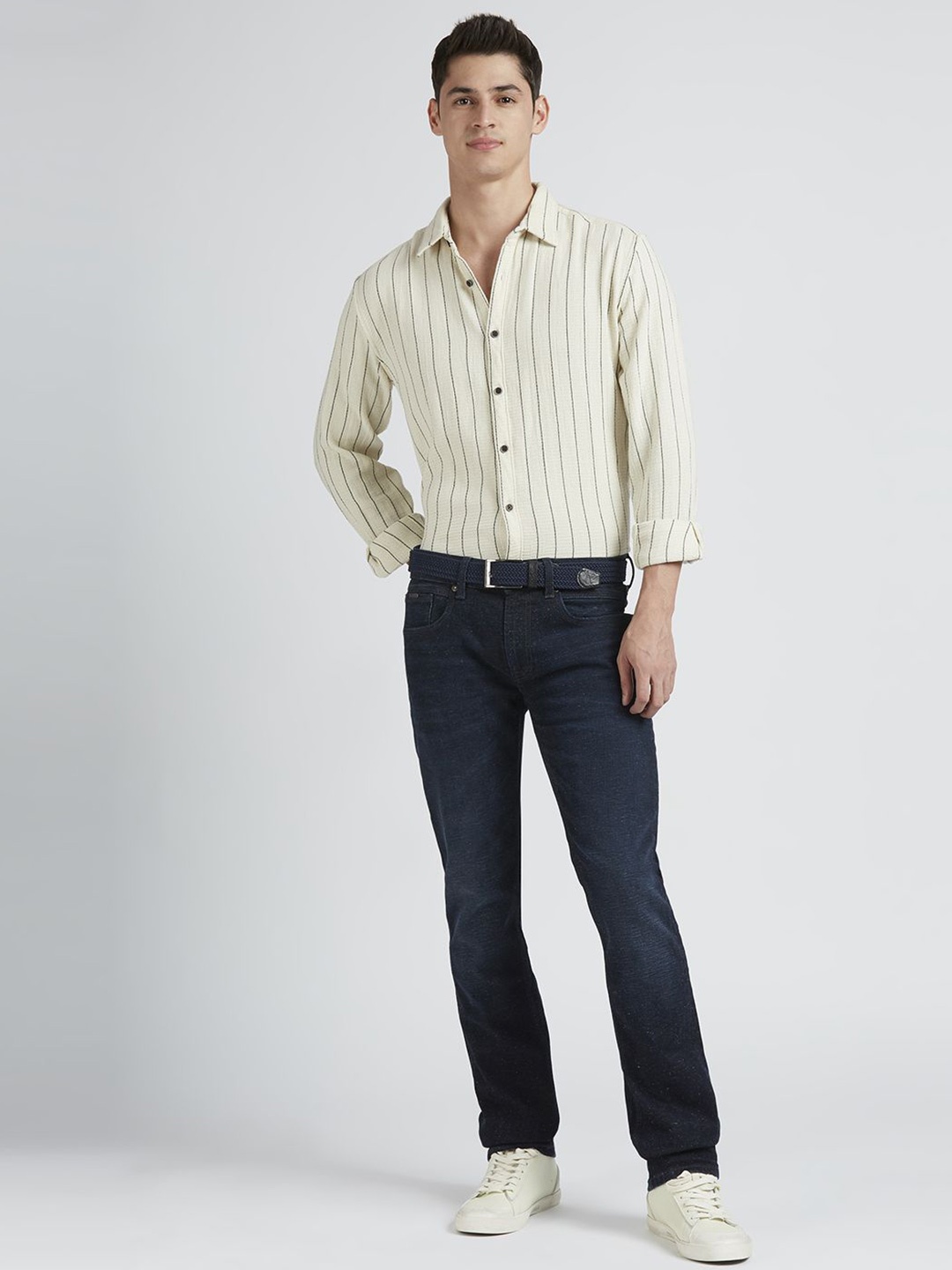 

Pepe Jeans Men Spread Collar Vertical Striped Cotton Casual Shirt, White