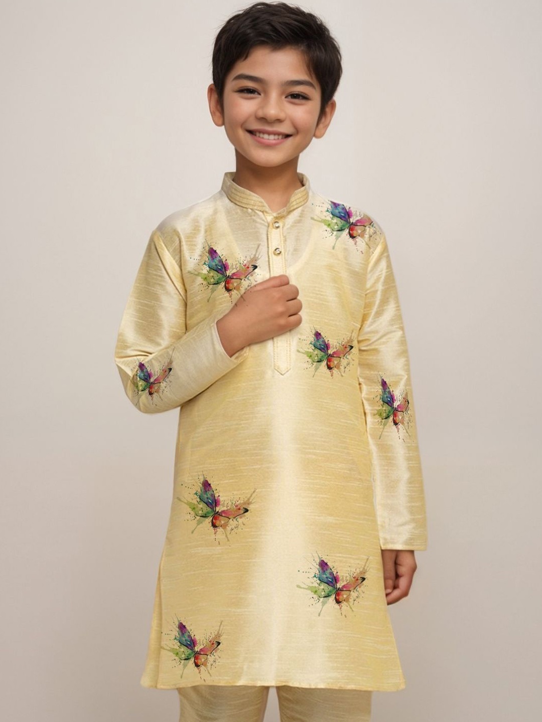 

DEVOILER Boys Floral Printed Regular Art Silk Kurta with Churidar, Beige