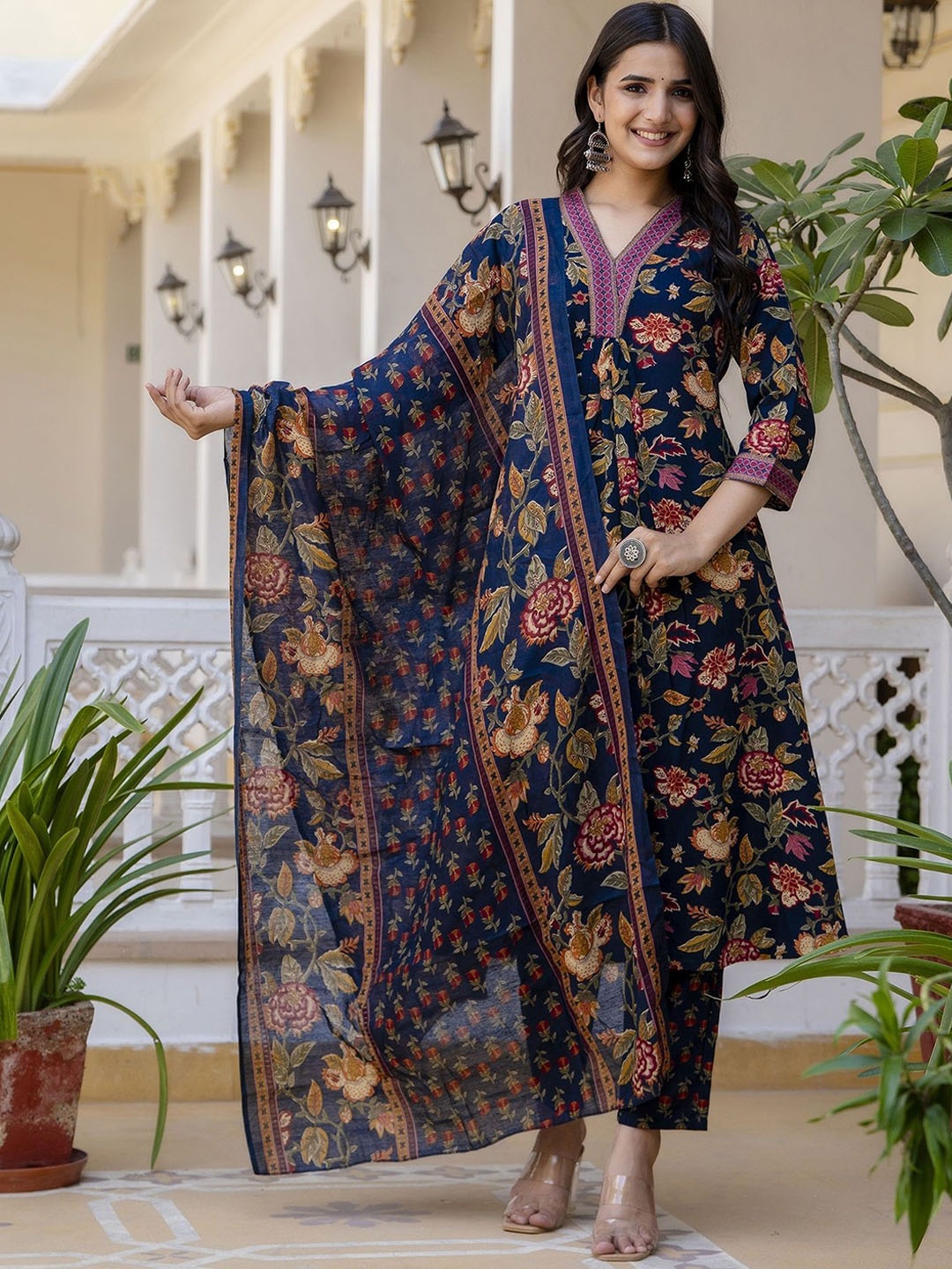 

KLOSIA Floral Printed V-Neck Anarkali Kurta With Trousers & Dupatta, Blue