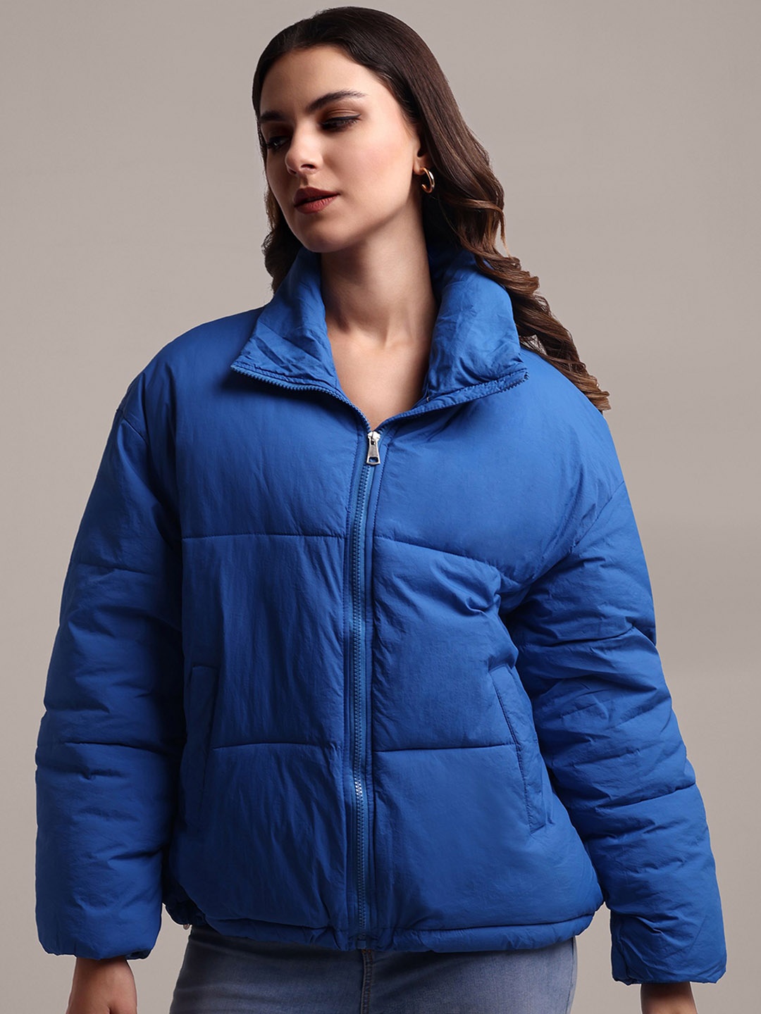 

iki chic Women Mock Collar Solid Casual Puffer Jacket, Blue