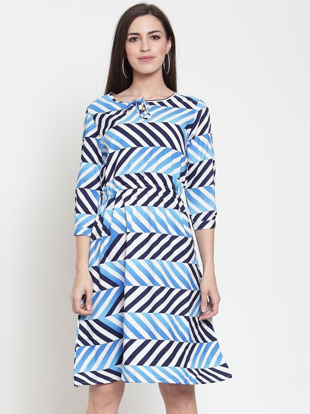 

Purple State Women Striped Tie-Up Neck Crepe Fit & Flare Dress, Blue