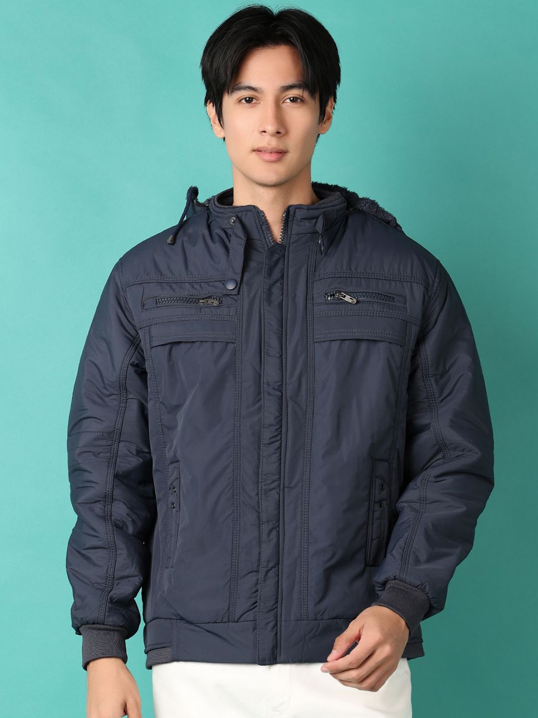 

V-Mart Men Hooded Solid Cotton Casual Bomber Jacket, Navy blue