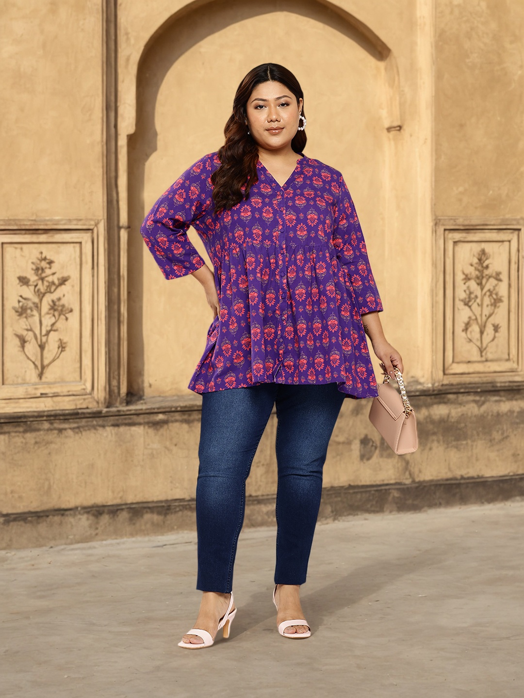 

Sztori Plus Size Floral Printed A-line Pure Cotton Kurti, Purple