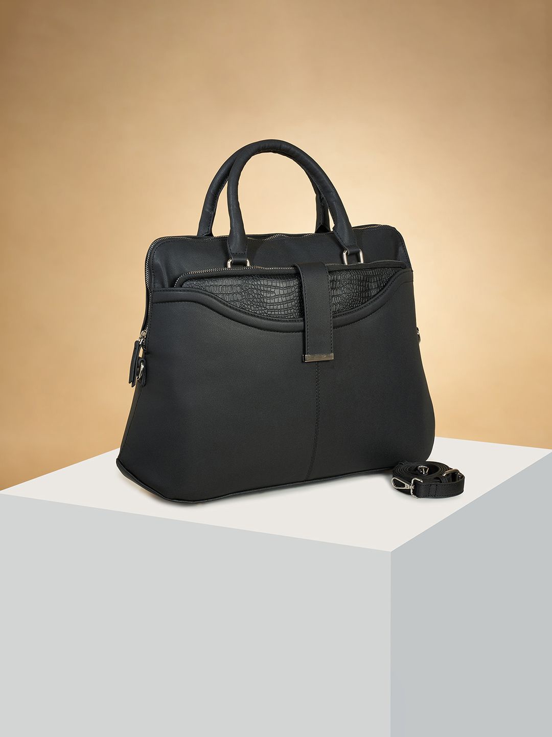 

Forever Glam by Pantaloons Women Textured Structured Handheld Bag, Black
