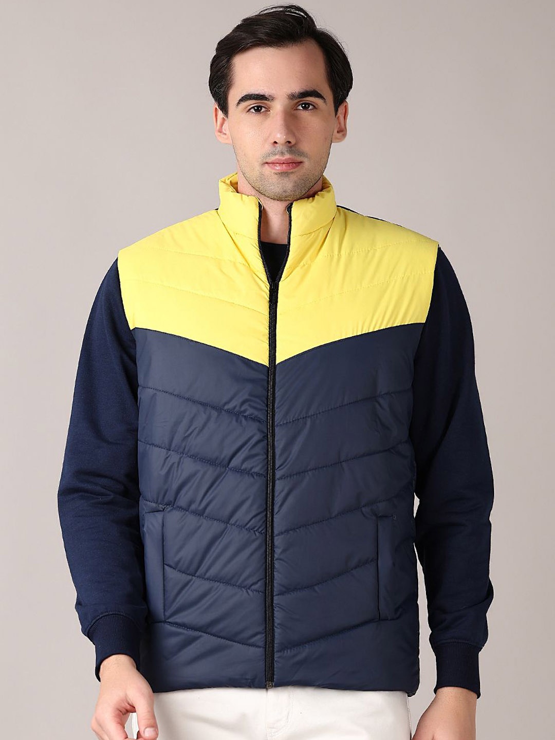 

V-Mart Men Mock Collar Colourblocked Cotton Casual Padded Jacket, Navy blue