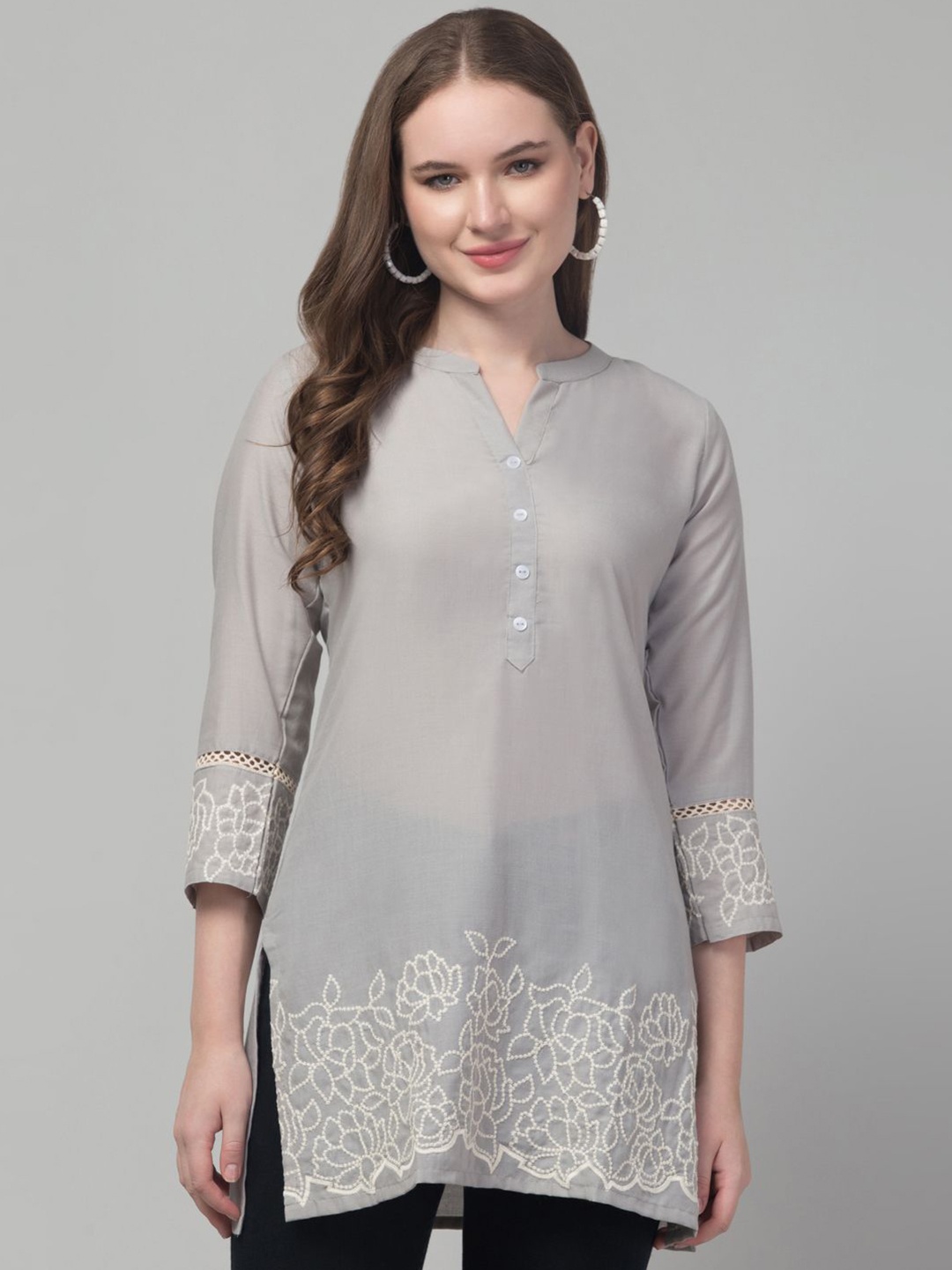 

Trend Level Women Floral Embroidered Mandarin Collar Straight Three-Quarter Sleeves Kurti, Grey