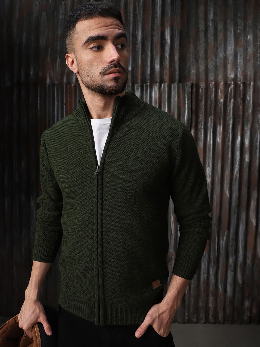 

High Star Men Solid Mock Collar Pullover, Green