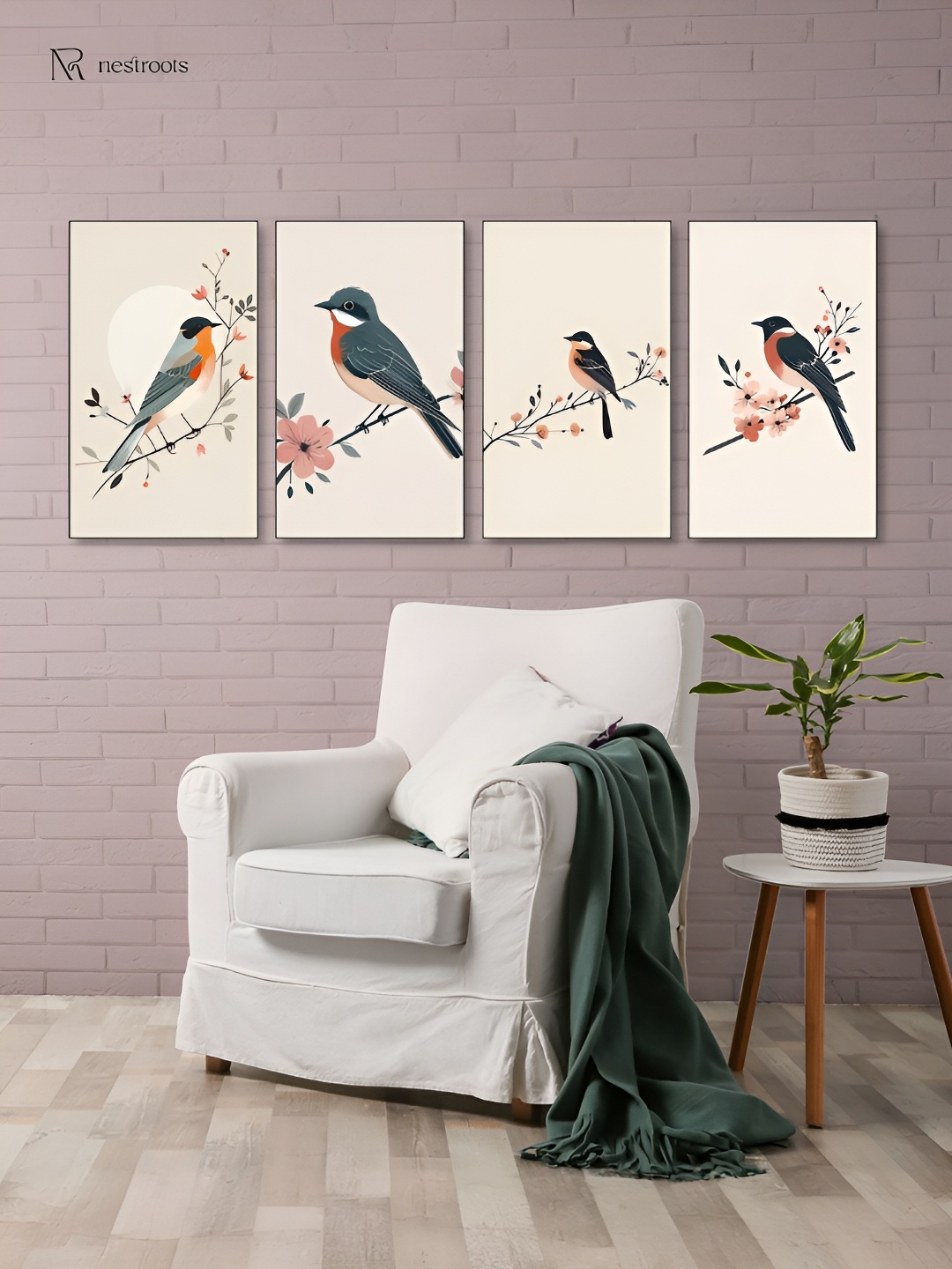 

nestroots White & Orange 4 Pieces Bird and Floral Paintings Canvas Wall Art